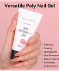 Hand holding 50ml nail extension gel tube with nude polish, labeled HEMA Free 50ml Nude Nail Gel For Extensions And 3D Molding.