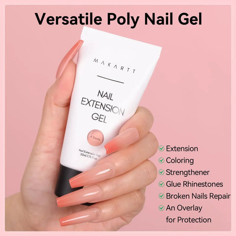 Hand holding 50ml nail extension gel tube with nude polish, labeled HEMA Free 50ml Nude Nail Gel For Extensions And 3D Molding.