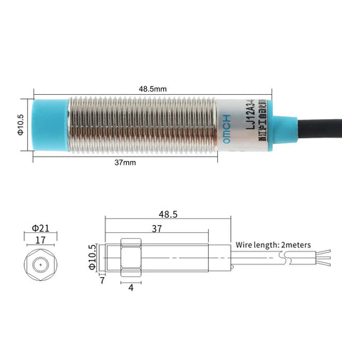 M12 Proximity Sensor With 4mm Sensing Distance, 10.5mm Cylindrical Body, NPN NO Output, 2m Cable, industrial automation component