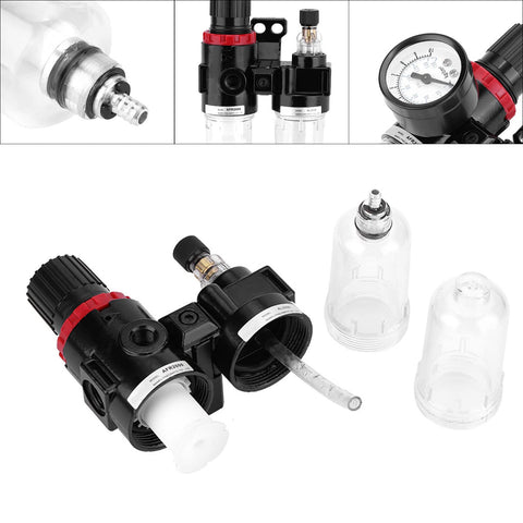 Pro Grade Air Compressor FRL Unit With Drain Valve G1/4 Thread Oil Water Separator shown disassembled with view of components.