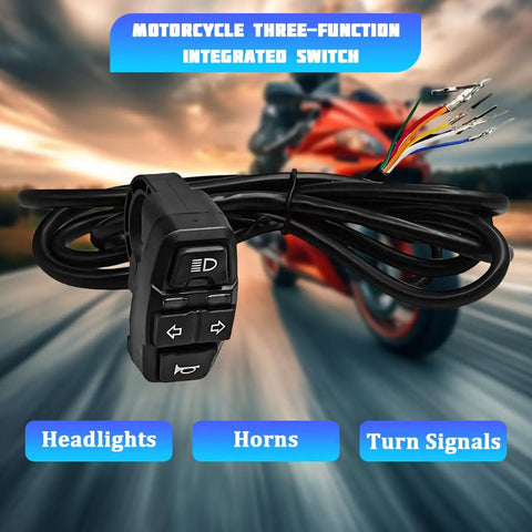 All In One Ride Ready Motorcycle Headlight Switch With Horn And Turn Signals, 3 In 1 E Bike Light On Off Handlebar Button Mount, Universal Wiring For Dirt Bike Scooter Motocross. Black 3-in-1 handlebar switch with wires