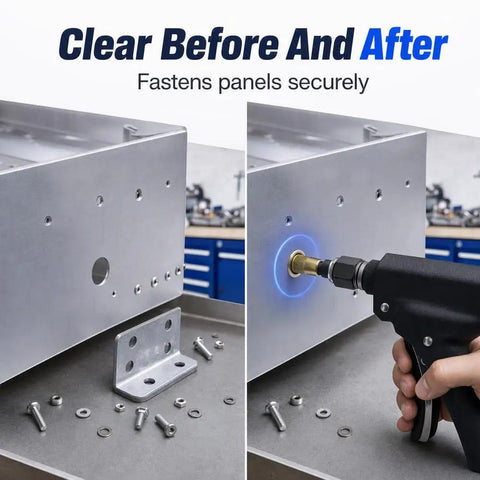 Rivet Nut Tool Kit M3 To M10 With 180 Nuts For Quick Metal Repair In The Shop Grab And Go Wrench Or Drill Heads Included For Fast Installations And Tidy Organized Set. before-and-after metal panel installation with high carbon steel rivet nut tool