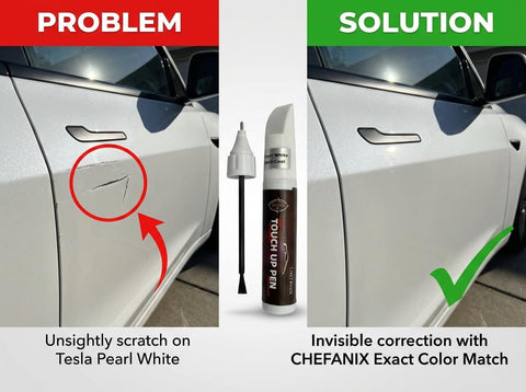 Visible scratch and corrected area on white car with Black Touch Up Paint For Cars And Motorcycles With 2 In 1 Brush And Pen For Easy No Fuss Scratch Repair OEM Color Matching Across 90 Percent Of Models Quick Dry Formula Multi Brand Vehicle Kit in center.