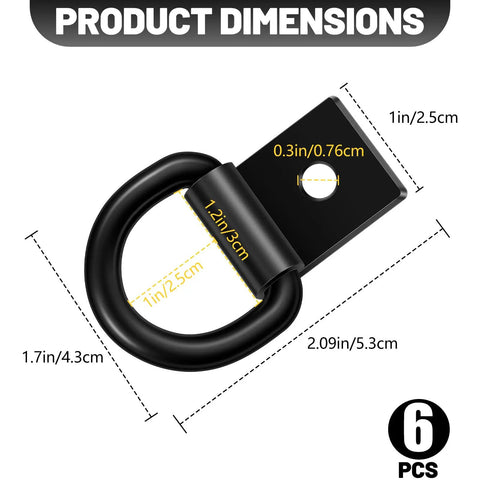 Heavy Duty D Ring Tie Down Anchors Six Pack With Mounting Screws Surface Cargo Hooks Solid Steel D Rings dimensions measuring 1.7in x 2.09in.