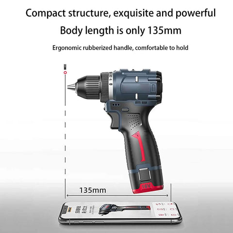 No Sweat Cordless Drill And Screwdriver Power Tool Kit With Heavy Duty Wood Metal Masonry Bits For Quick Fix Home Improvement And Diy Projects Compact Handheld Set beside smartphone for size reference.