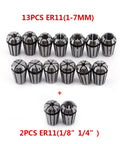 ER11 Collet Set For CNC Engraving And Milling Lathe Tooling Kit 15 Piece Spring Collet Set With 1mm To 7mm And 1 Eighth Inch And 1 Quarter Inch Sizes Pro Grade 65Mn Steel For Precision Tooling, showing 13 collets from 1-7mm and 2 collets at 1/8 and 1/4 inches