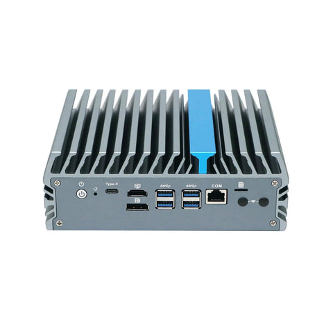 Rock Solid Din Rail Micro Firewall Mini Pc Featuring Intel Core Ultra 5 125U And Eight Gbe Ports For Seamless Opnsense Routing And Plug And Play Industrial Networking Reliability, rear view with ports.