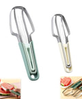 3 In 1 Stainless Steel Watermelon Slicer Set With Melon Scooper And Rounded Edge Fruit Fork featuring two slicers and usage examples