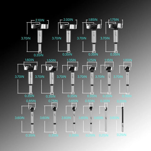 Straight Shooting Precision Forstner Bit Set For Woodworking And Carpentry Smoothly Bores Clean Holes In Hardwood Plywood Composites 16 Piece Pro Drill Kit sizes displayed with measurements.
