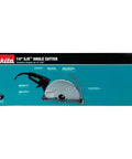 Heavy Duty 15 Amp Corded Angle Cutter With 14 Inch Super Joint System and AC or DC Switch on display with identification features.
