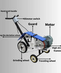 Diagram of Yokoma Hand Push Sand Belt Machine For Weld Grinding showing components like motor, grinding wheel, and dimmer switch.