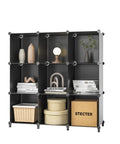 Nine Cube Closet Organizer Set For Bedroom And Office with decor and storage items in black stackable cubes.