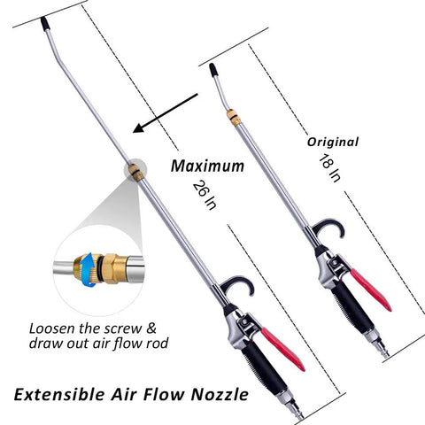 High Volume Air Blow Gun With Extendable Nozzle Up To 26 Inches, All Metal Construction Heavy Duty Pneumatic Blower Tool With Anti Slip Rubber Grip