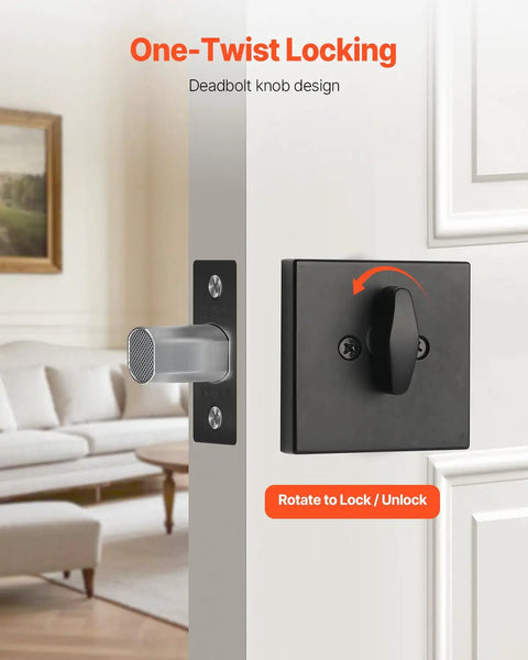 Full Metal Single Cylinder Deadbolt Lock Keyed One Side Comes With Three Heavy Duty Keys Matte Black Finish close-up showing knob design and twist functionality.
