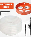 Front view of Storystore 6-inch hole saw kit for recessed lights with dust bowl, includes drill bit, arbor and hex key.