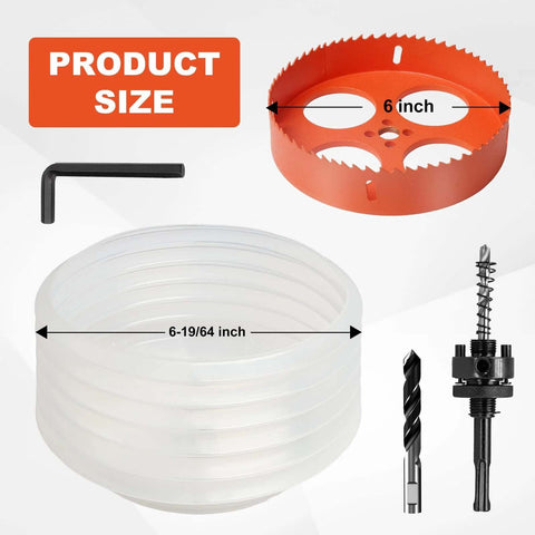 Front view of Storystore 6-inch hole saw kit for recessed lights with dust bowl, includes drill bit, arbor and hex key.