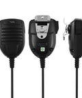 Three angles of Two Way Radio Shoulder Speaker Mic With PTT Button And Mic Hanger For Portable Radios, durable build with belt clip.