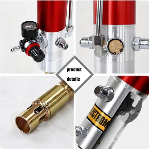 Close-up of Air Powered Grease Gun components, highlighting 50:1 air operated pump, chrome and brass details, 620mm