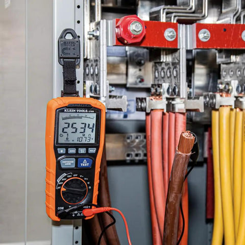ET600 Multimeter Megohmmeter Insulation Tester With Auto-Ranging TRMS Readouts measuring electrical panel