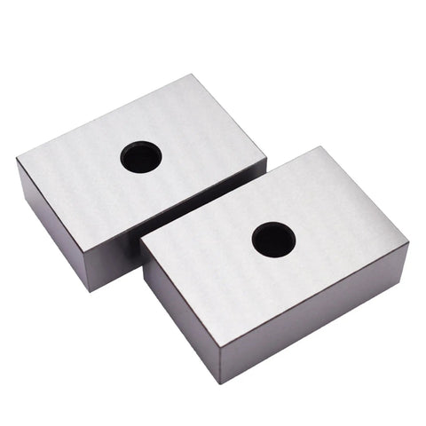 1 2 3 Machinist Setup Blocks, Matched Pair With Half Hole, Precision Ground Tool Steel, Pro Grade High Accuracy Square Blocks For Alignment And Machining, 0.0002 Inch Per Side Tolerance, Heavy Duty. Two 1x2x3 inch blocks with center holes.