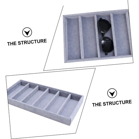 Solid Six Grid Sunglasses Storage Plate And Jewelry Display Box For Women Totally Fresh Fashion Organizer With Scratch Proof Surface showing compartments and sunglasses.