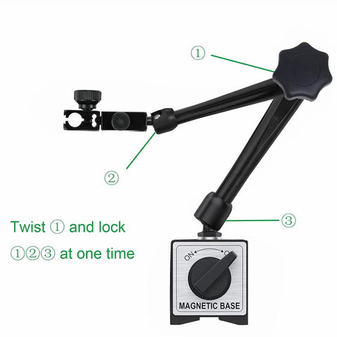 Magnetic base dial indicator stand, black metal, 176 lb pull, adjustable arm