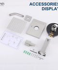 Top Shelf Brushed Nickel Shower Set With Tub Faucet And Swivel Head Bathroom Trim Kit accessories display including various components.