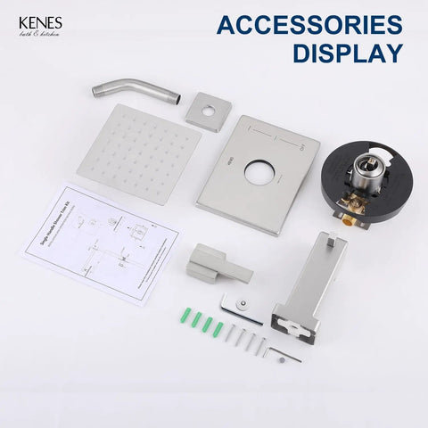 Top Shelf Brushed Nickel Shower Set With Tub Faucet And Swivel Head Bathroom Trim Kit accessories display including various components.