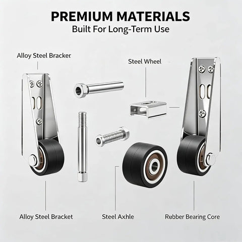 Heavy Duty Vertical Track Roller Wheel With Durable Rubber Caster parts, including alloy steel bracket and steel axle.