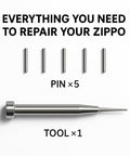 Hinge Pin Repair Kit For Zippo Lighters 2003 And Later with 5 premium hinge pins and 1 precision installation tool in nickel silver