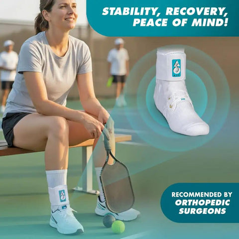 Woman sitting with tennis racket wearing ASO Ankle Stabilizer Lace Up Ankle Brace For Sprained Ankles White X Small