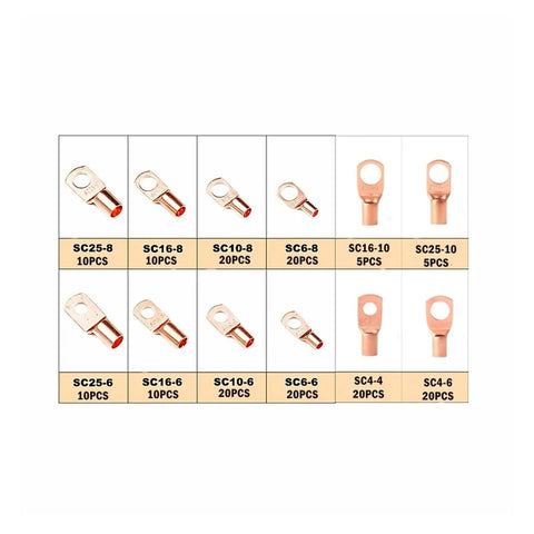 Solid Copper Lug Terminal Kit SC25, SC16, SC10, SC6, SC4 ring connectors for battery cables, assorted sizes