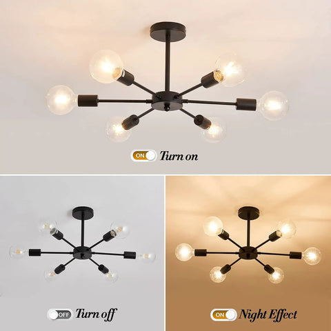 Six Light Sputnik Black Chandelier With Adjustable Height Ceiling Light Fixture, shown on, off, and night effect modes.