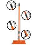 Heavy Duty All In One Broom And Rake With Adjustable Telescopic Handle showcasing swivel end hook and auto lock screw.
