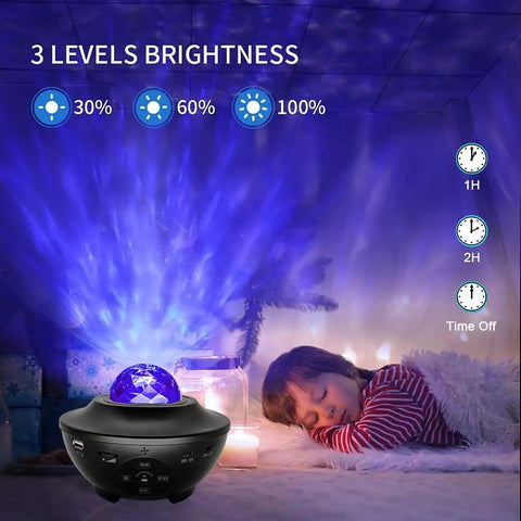 Starry Night Sky Projector For Bedroom With Ocean Wave Light casting blue glow, sleeping child, brightness levels displayed