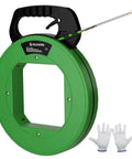 125 Ft Non Conductive PET Fish Tape Wire Puller With Three Sixteenth Inch Cable, Steel Leader, Green handle, and gloves