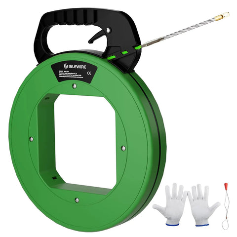 125 Ft Non Conductive PET Fish Tape Wire Puller With Three Sixteenth Inch Cable, Steel Leader, Green handle, and gloves