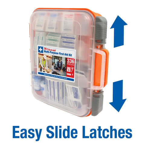 All-Purpose first aid kit in clear plastic case with orange Easy-Slide latches, 336 pieces