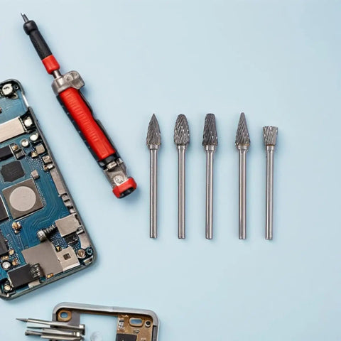 10-Piece Tungsten Carbide Rotary Burr Set With Blue Case For Metal Deburring And Wood Carving beside electronic components on blue surface