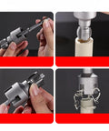 Close-up of an integrated electric pipe threader for PVC, showcasing its cutting mechanism, perfect for half inch and three quarter inch pipes.