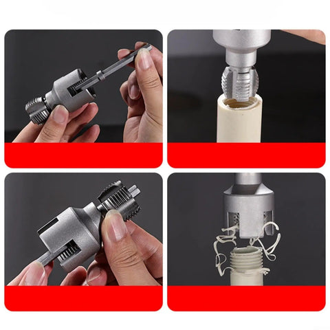 Close-up of an integrated electric pipe threader for PVC, showcasing its cutting mechanism, perfect for half inch and three quarter inch pipes.