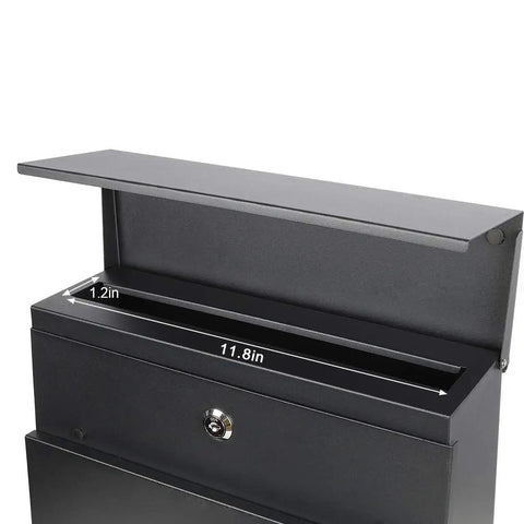 Open view of Sturdy Heavy Duty Large Capacity Wall Mount Mailbox With Lock And Newspaper Compartment For Outdoor Use Built To Last Black Galvanized Steel Mailbox With Two Keys