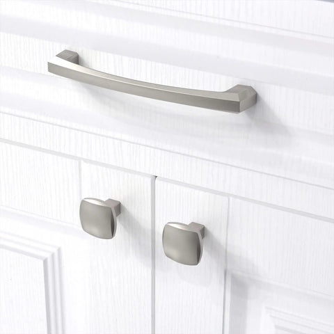Heavy Duty Zinc Alloy Cabinet Pulls With Slick Brushed Satin Nickel Finish, 6 Inch Center To Center Drawer Handles For Kitchen Cabinets, Tough As Nails 10 Pack Home Glow Up Set on white cabinetry.