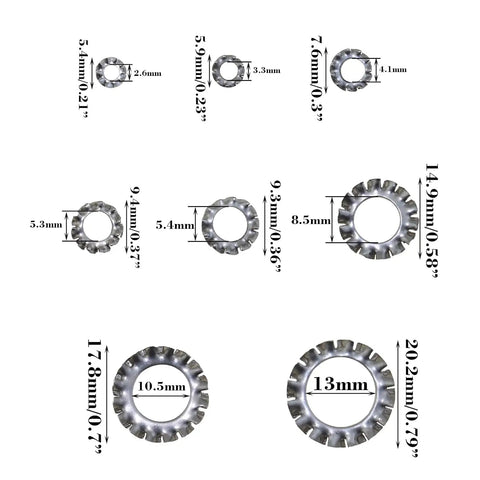 Sizes of Premium 304 Stainless Steel External Multi-Tooth Star Lock Washers Set, 380 Pieces, M2.5 to M12, for builds and maintenance
