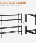 Expandable Metal Shoe Rack Space Saver With Four Tiers Freestanding Stackable Organizer Holds 16 To 24 Pairs And Extends From 33.3 To 47.5 Inches shown with stackable feature diagram