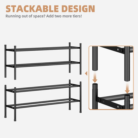 Expandable Metal Shoe Rack Space Saver With Four Tiers Freestanding Stackable Organizer Holds 16 To 24 Pairs And Extends From 33.3 To 47.5 Inches shown with stackable feature diagram