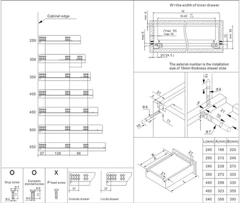 Technical diagram showing installation details for Tough As Nails Full Extension Soft Close Drawer Slides, 14 Inch, silver finish.