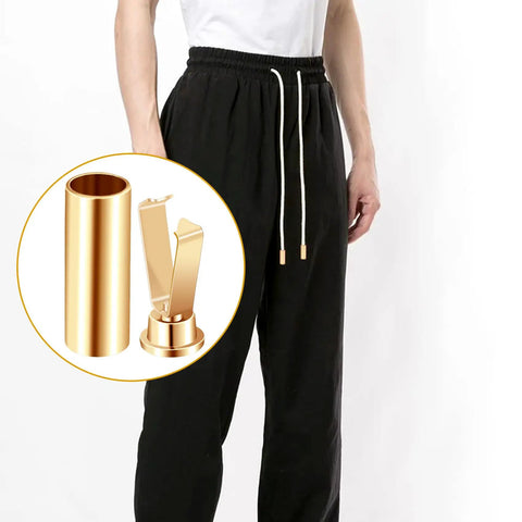 Close-up of gold alloy shoelace end caps used on black pants showing Gold Alloy Shoelace End Caps Set Of 36 With Screws Cylindrical Aglets For Shoes And Jackets Durable Metal Tips 18 X 7 Mm Replacement Laces Ends For Everyday Wear.