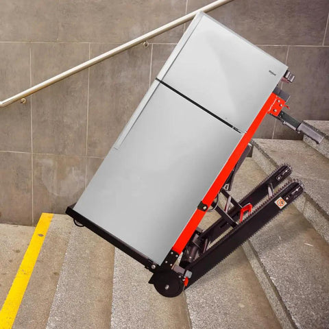 Heavy Duty Electric Hand Truck With 441 Lb Capacity And 160W Motor moving a refrigerator up stairs, demonstrating strength and design.