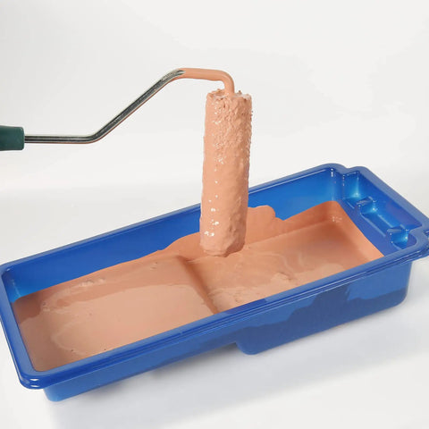 4 Inch Paint Roller Tray Kit with 22 Pack Liners Thickened Plastic Tray Reusable Gray Tray and 4 Inch Roller Frame in use
